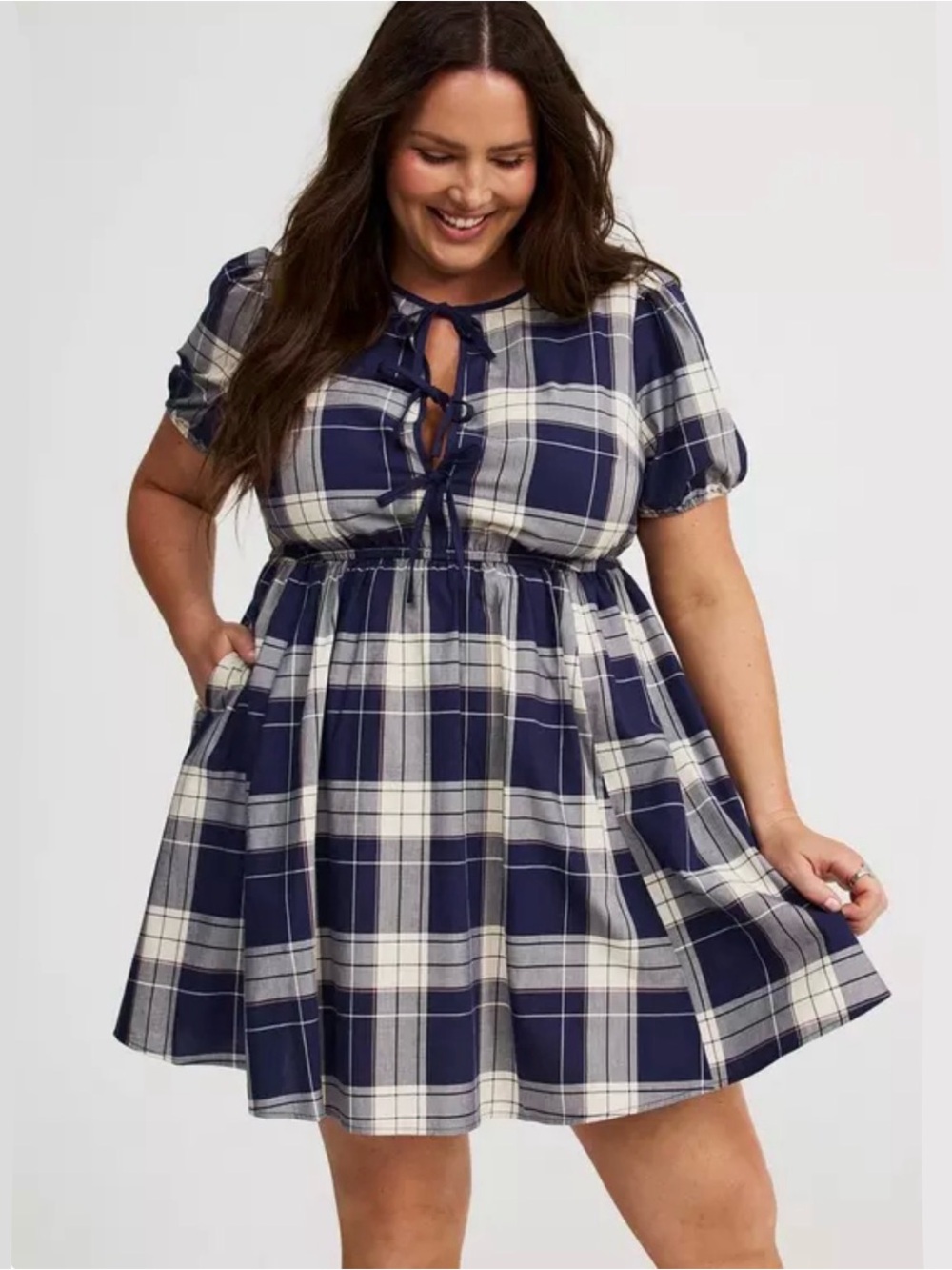 Torrid 1 Navy Plaid Mini Dress Tie Front women’s 1X